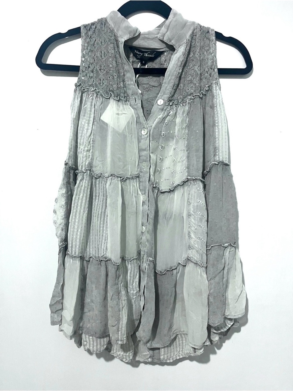 Young Thread Sleeveless Patchwork Button-Front Top